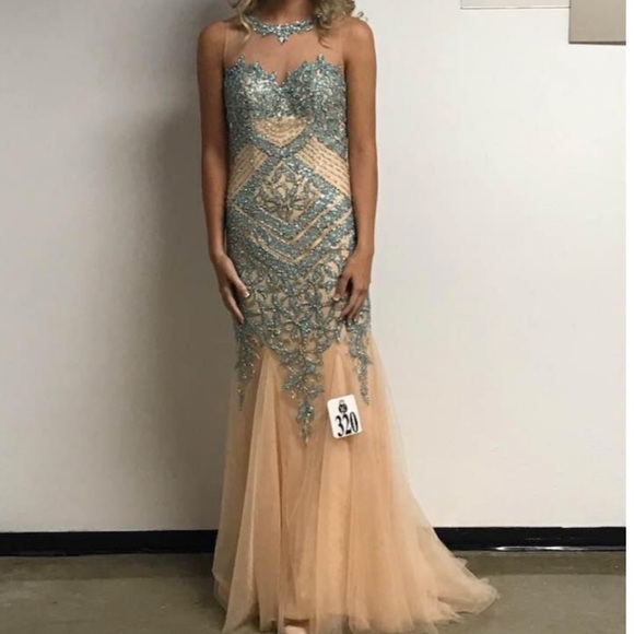 Sparkle Aqua & Tan Mermaid Sleeveless Prom Pageant Gown - Picture 3 of 5